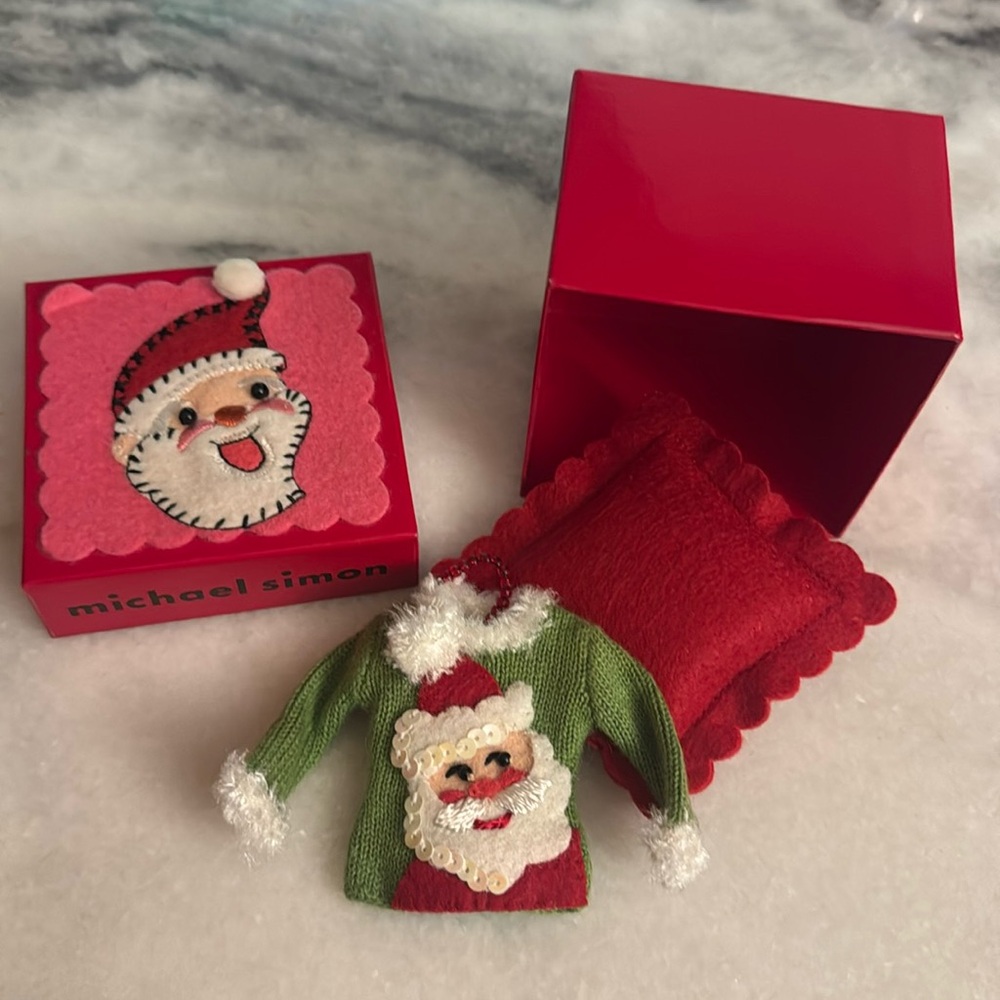 Michael Simon Santa sweater ornament with box